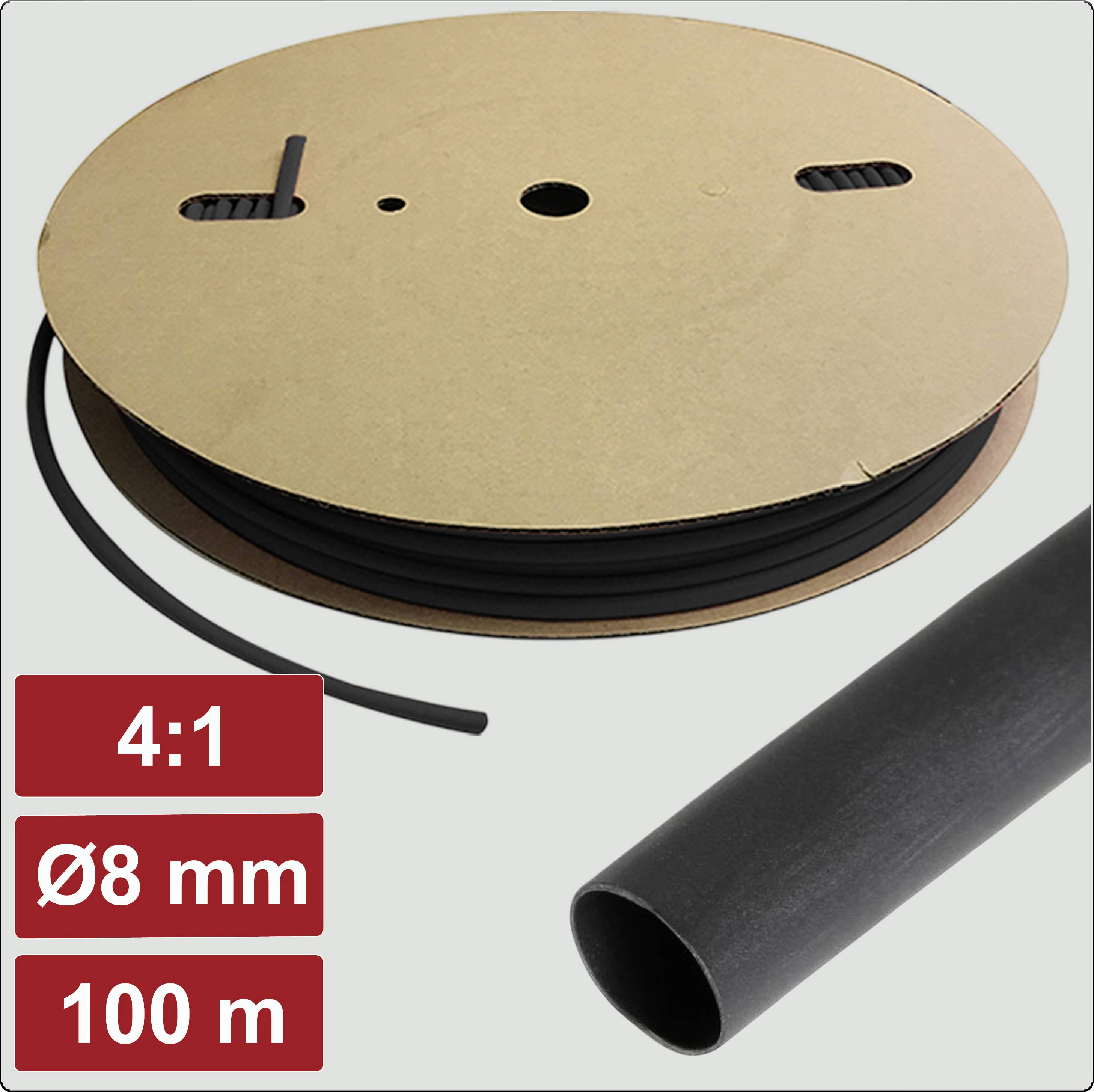 A spool of black shrink tubing with a 4:1 ratio, 8 mm diameter, and 100 meters in length is shown.