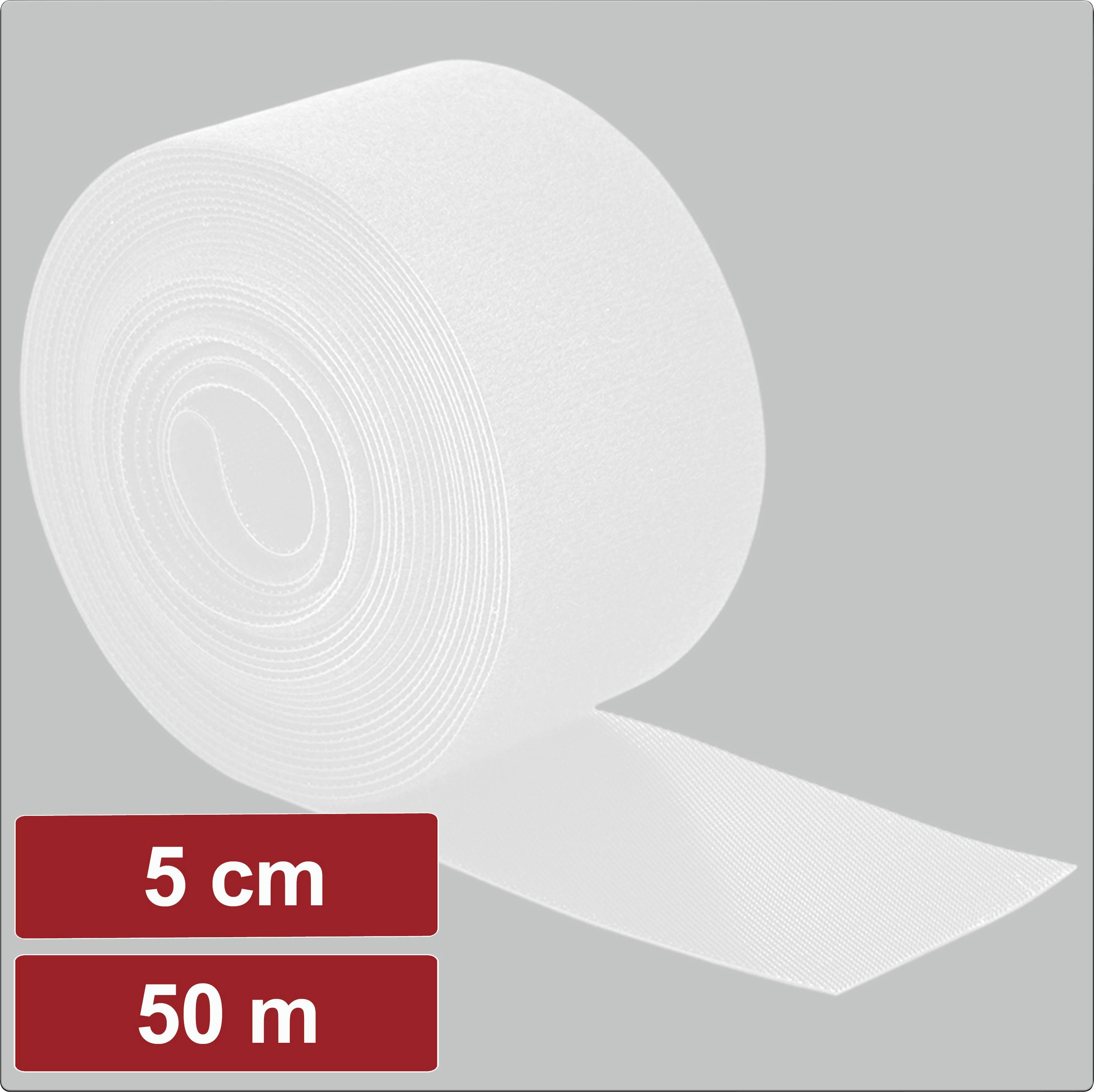 A roll of white adhesive tape partially unrolled, measuring 5 cm in width and 50 m in length.