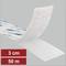A roll of white adhesive Fastener tape is partially unrolled with dimensions labeled as '3 cm' wide and '50 m' long.