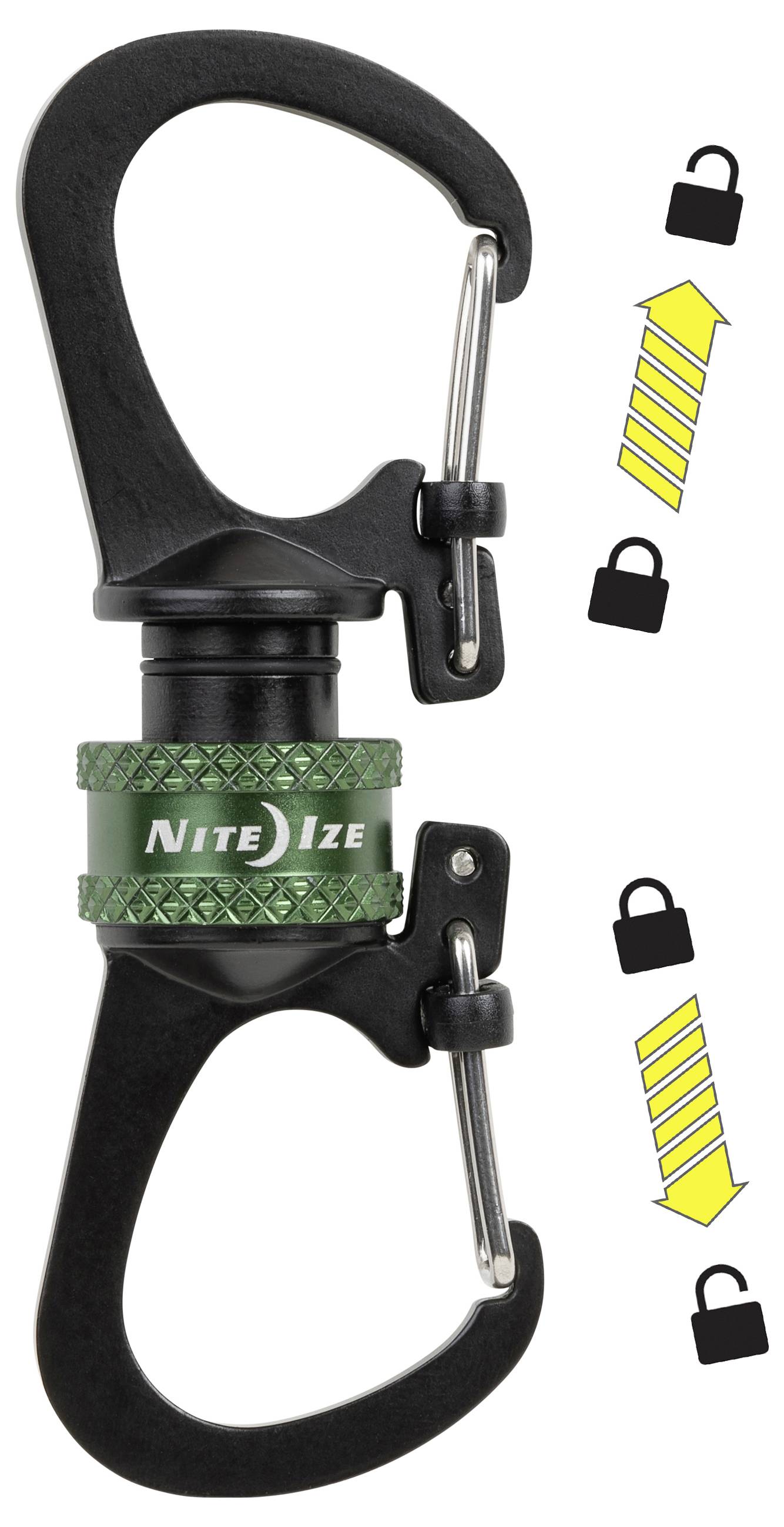 A black locking clip with a green rotating collar labeled 'Nite Ize.' Arrows and lock symbols indicate the locking mechanism's direction.