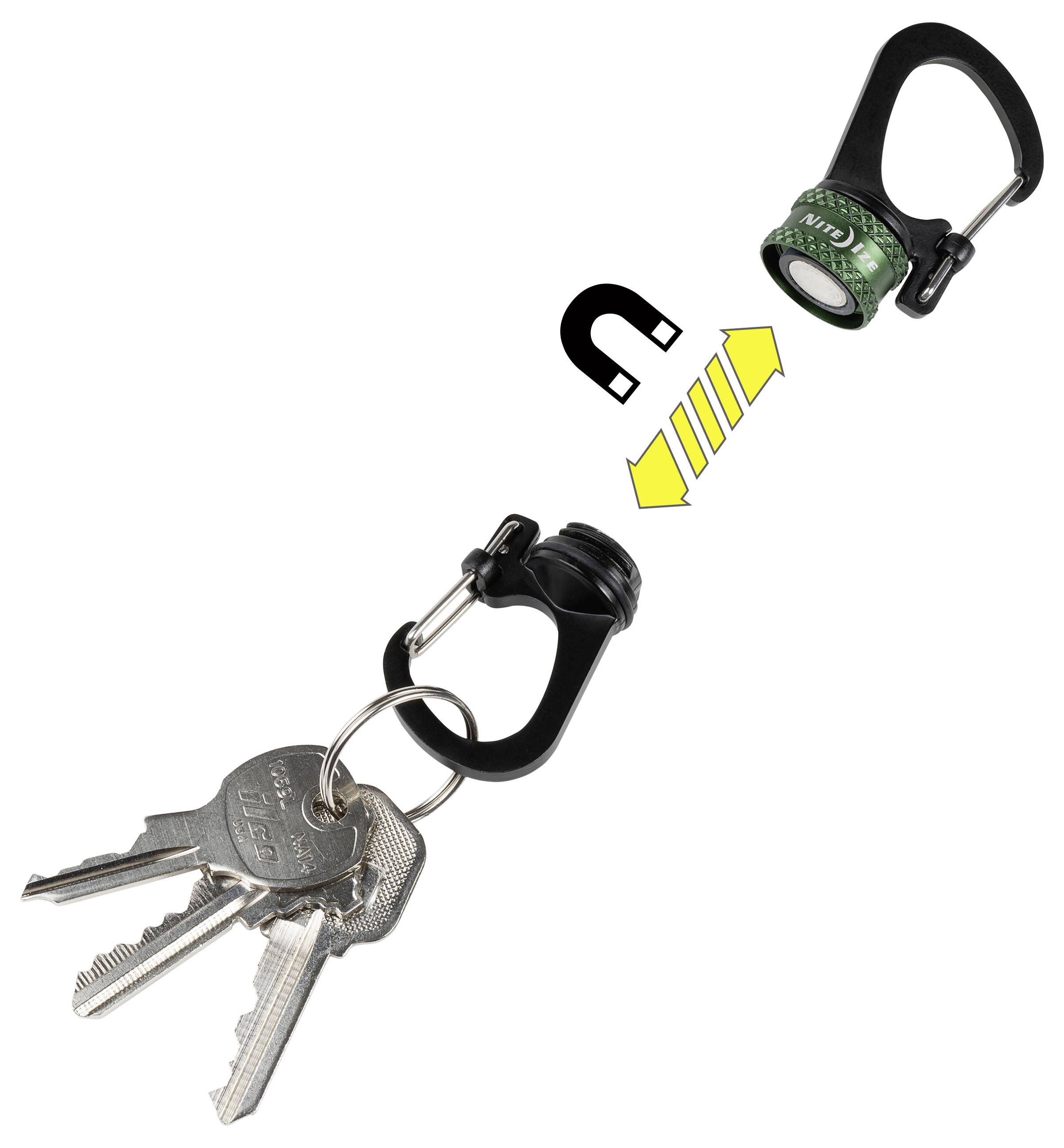 Magnetic keychain clip separating from keys, showing a magnet symbol and arrows indicating the magnetic connection.