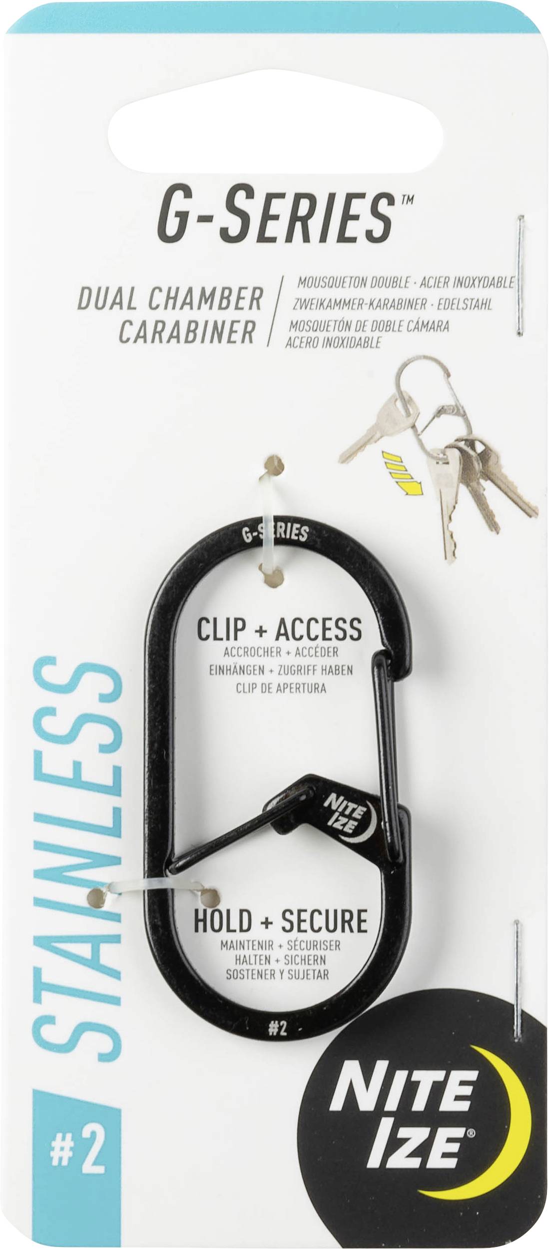 'Nite Ize G-Series Dual Chamber Carabiner' shown in packaging, featuring a stainless steel design, labeled sections: 'Clip + Access' and 'Hold + Secure'.