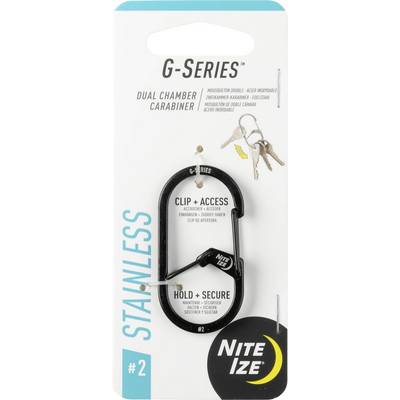 'Nite Ize G-Series Dual Chamber Carabiner' shown in packaging, featuring a stainless steel design, labeled sections: 'Clip + Access' and 'Hold + Secure'.