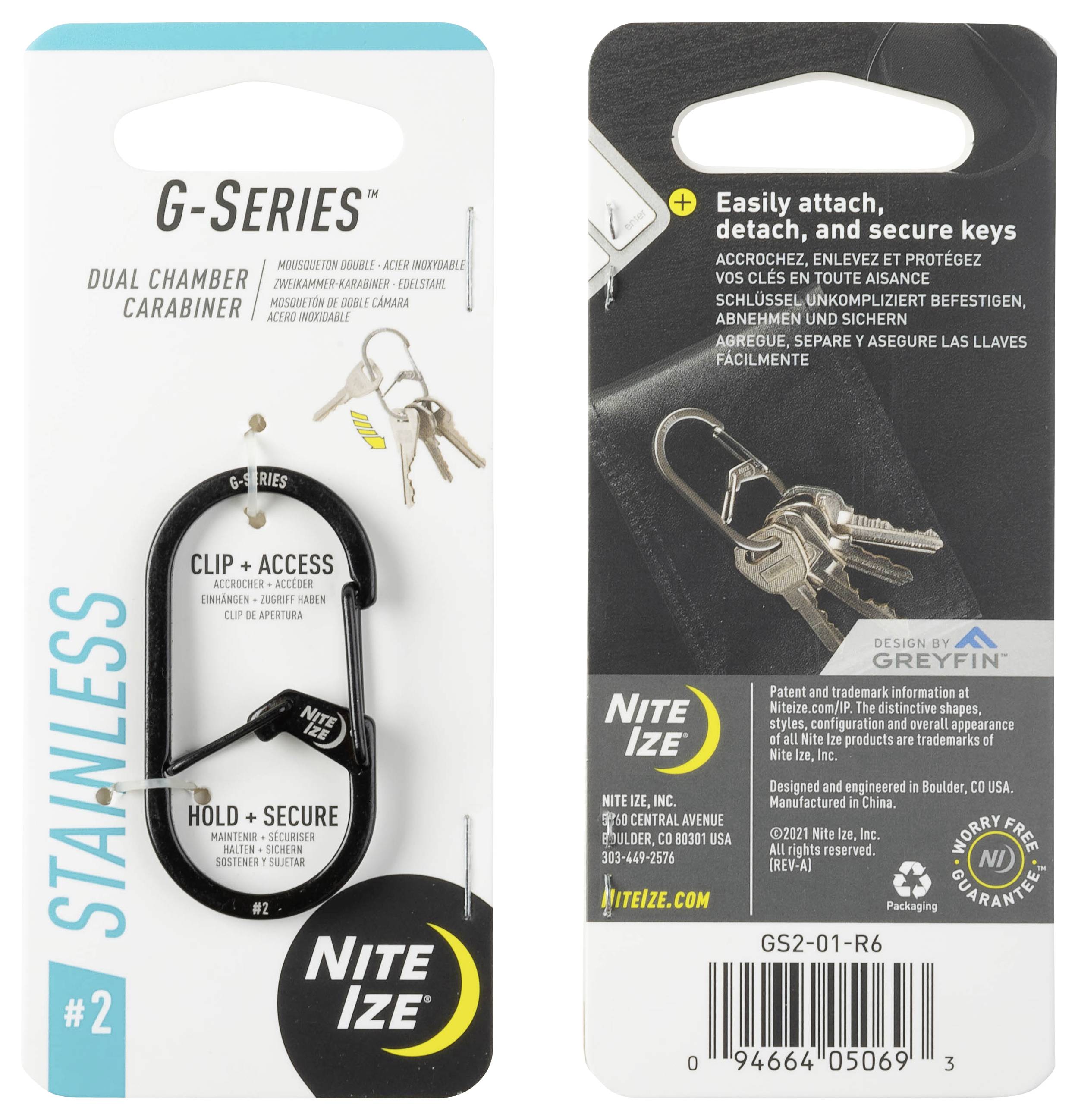 'G-Series Dual Chamber Carabiner' by Nite Ize for attaching and securing keys. Features include stainless steel, clip access, and hold secure options.