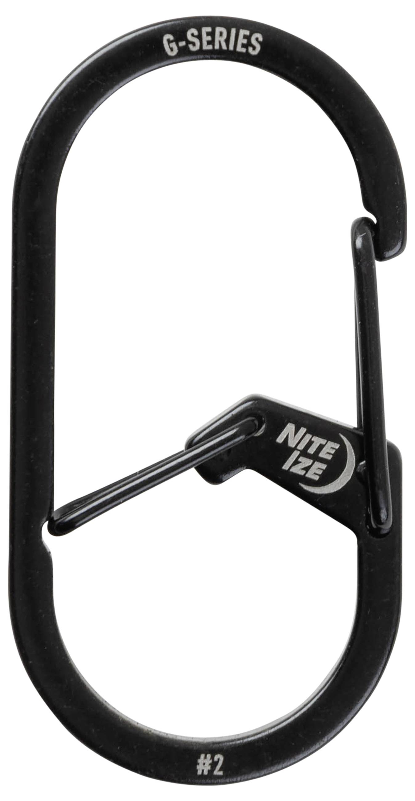Black G-Series carabiner clip with a sleek design, featuring a closure mechanism marked 'Nite Ize'. Suitable for accessories or keys.