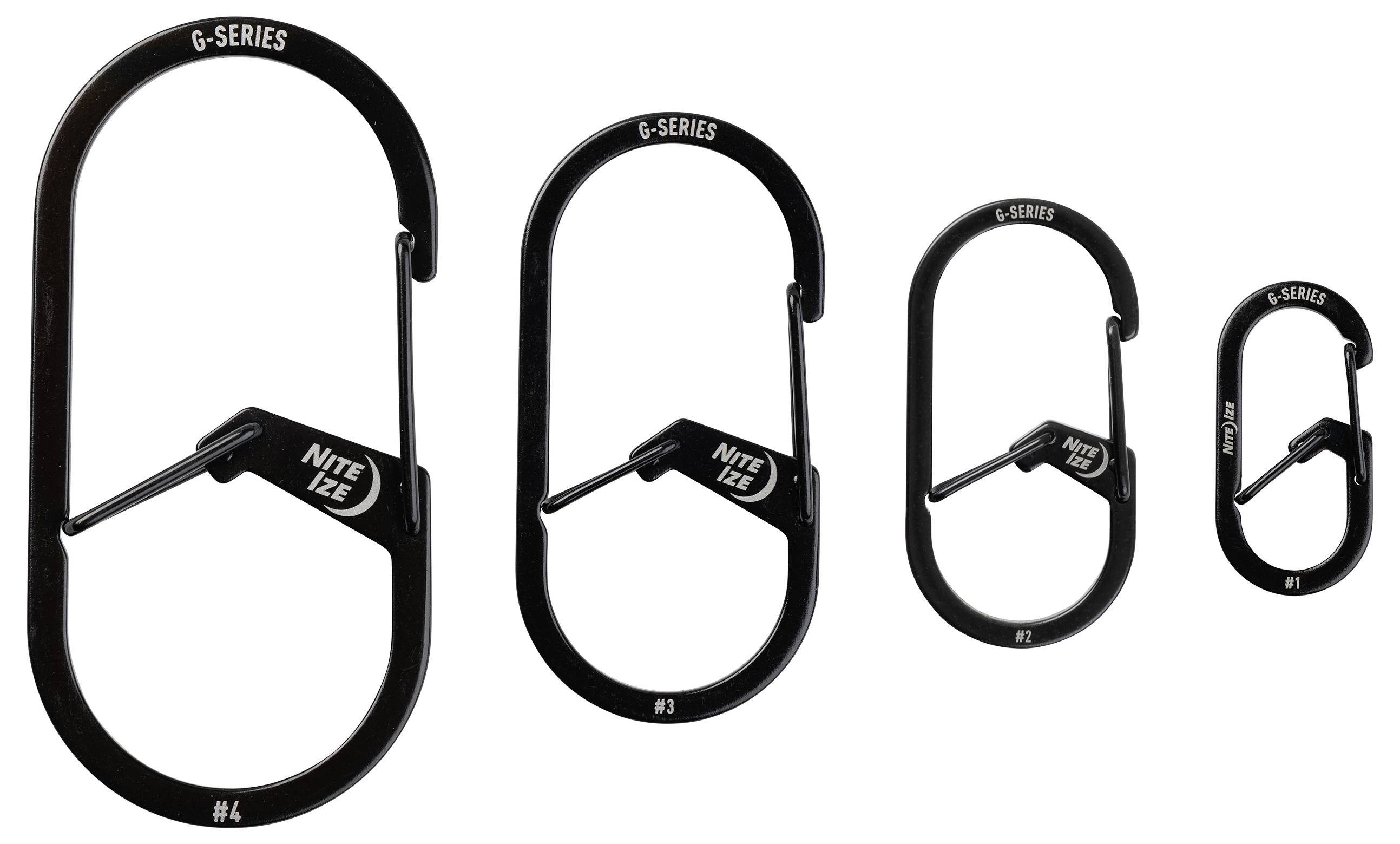 Four black Nite Ize carabiners of varying sizes, labeled G-Series #4 to #1, shown from largest to smallest, without closed mechanisms.