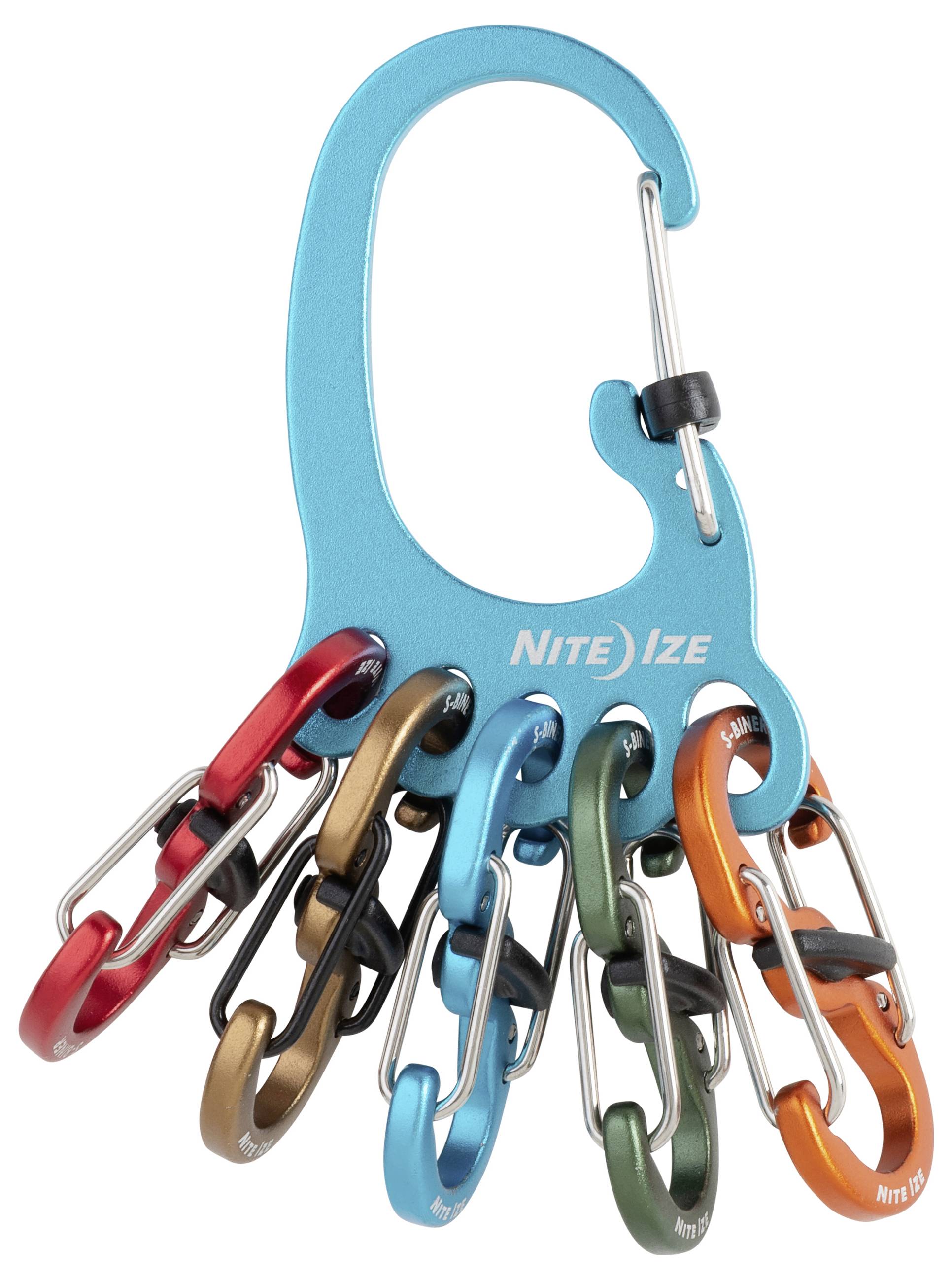 A blue key holder with the brand 'Nite Ize' featuring six colorful carabiners in red, brown, blue, green, black, and orange.