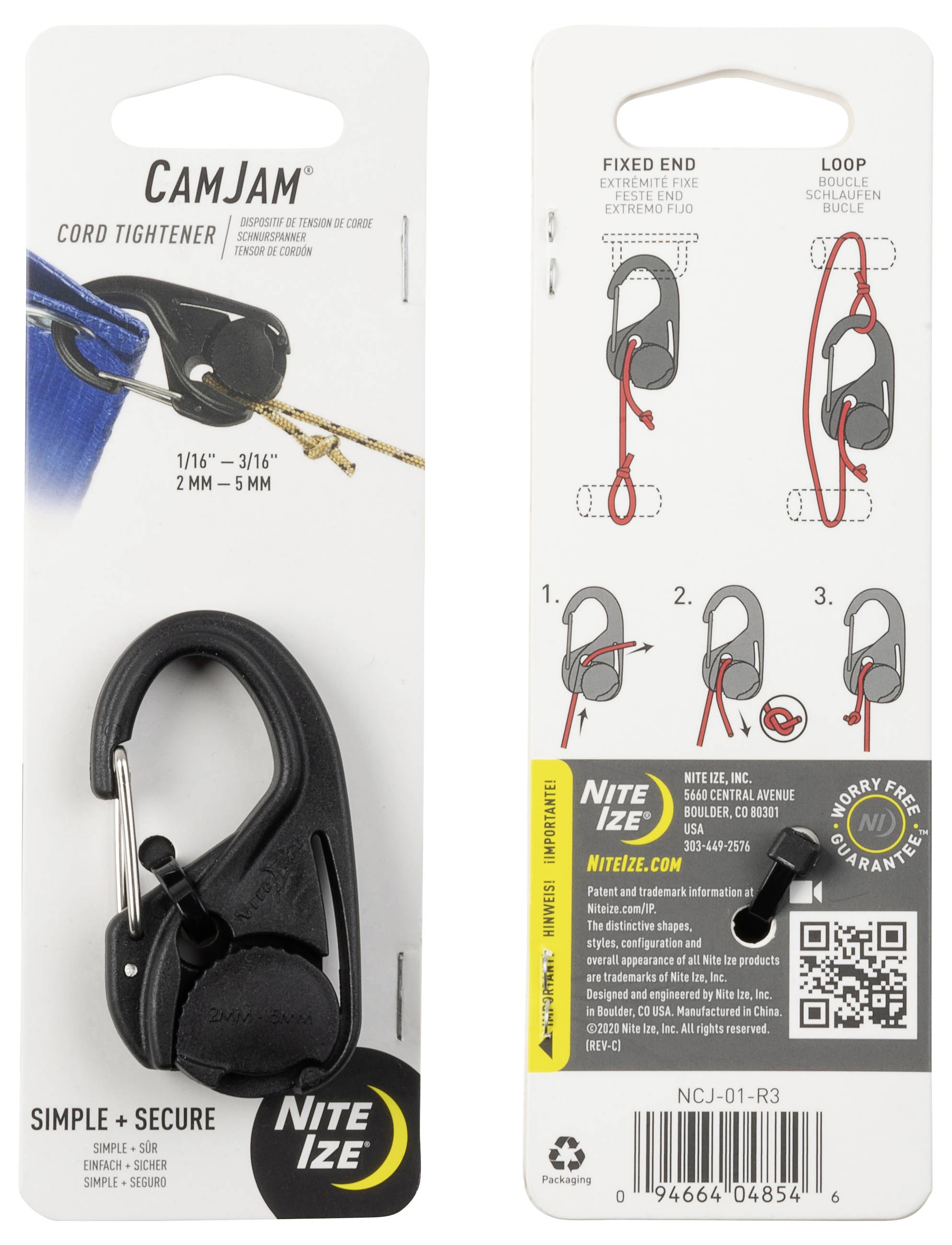 'CamJam Cord Tightener' packaging featuring a black hook with instructions for use. Instructions depict threading and tightening cord.