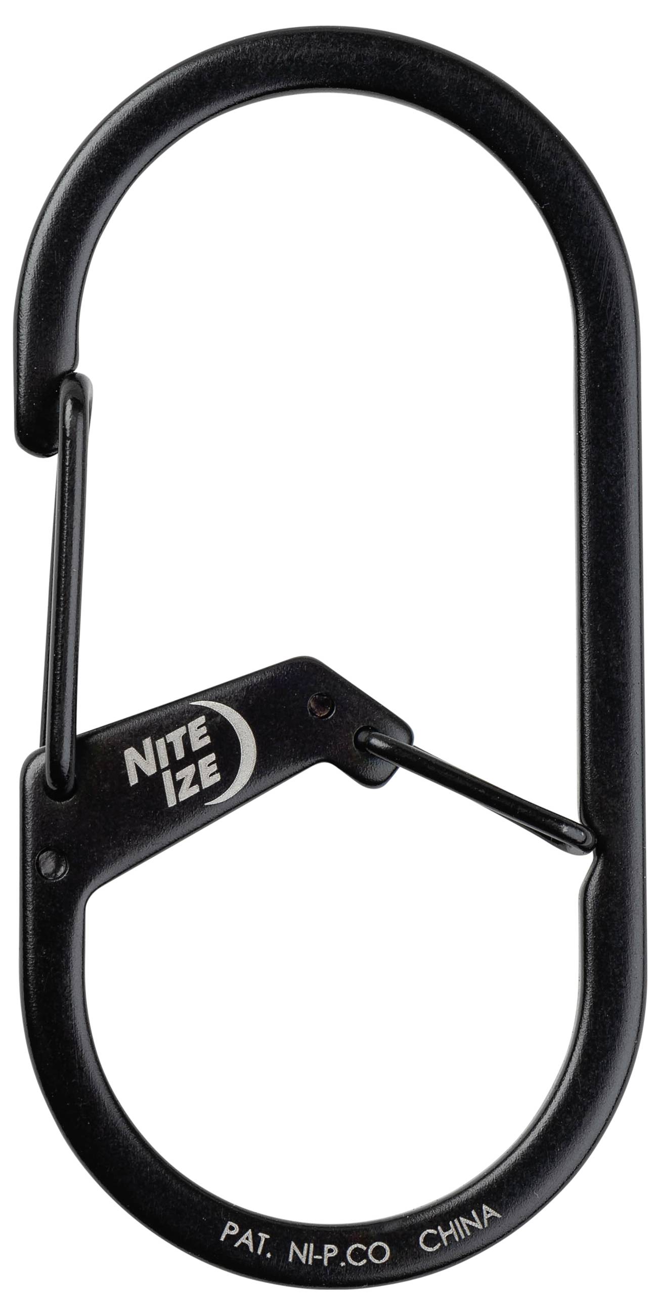 'Black Nite Ize carabiner with a locking mechanism, labeled with "Nite Ize" and patent information on the bottom.'