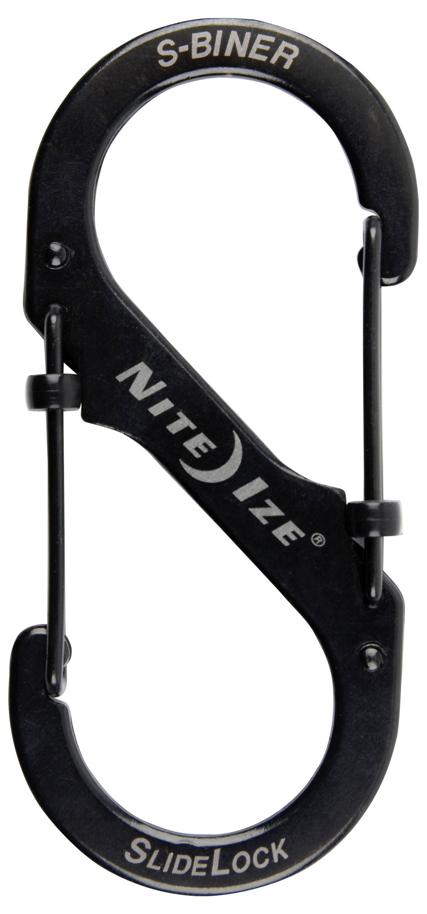 Black S-biner carabiner with 'Nite Ize', 'S-Biner', and 'SlideLock' labels. Suitable for connecting items securely.