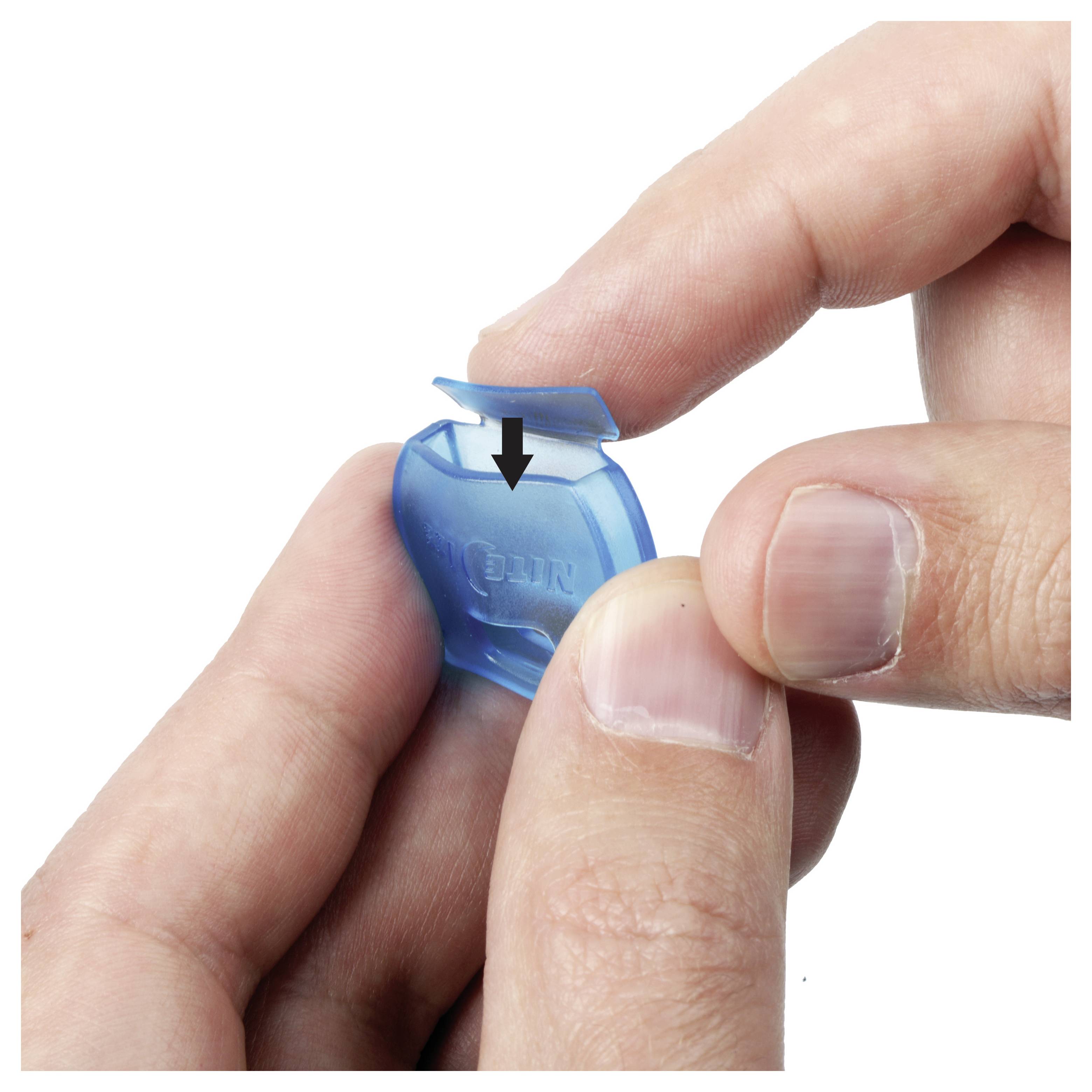A hand demonstrates pinching a blue plastic container with an arrow showing the direction of pressure to open, illustrating its use.