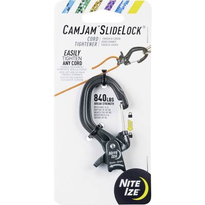 CamJam SlideLock cord tightener packaging, showing a black cord tightener that can withstand 840 lbs, with the Nite Ize logo.