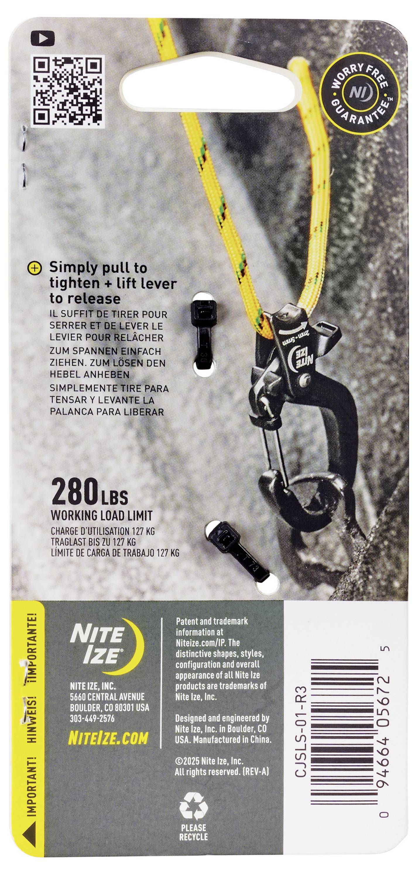 Package back shows a yellow carabiner strap with a 280 lbs working load limit, branding, usage instructions, and safety warnings.