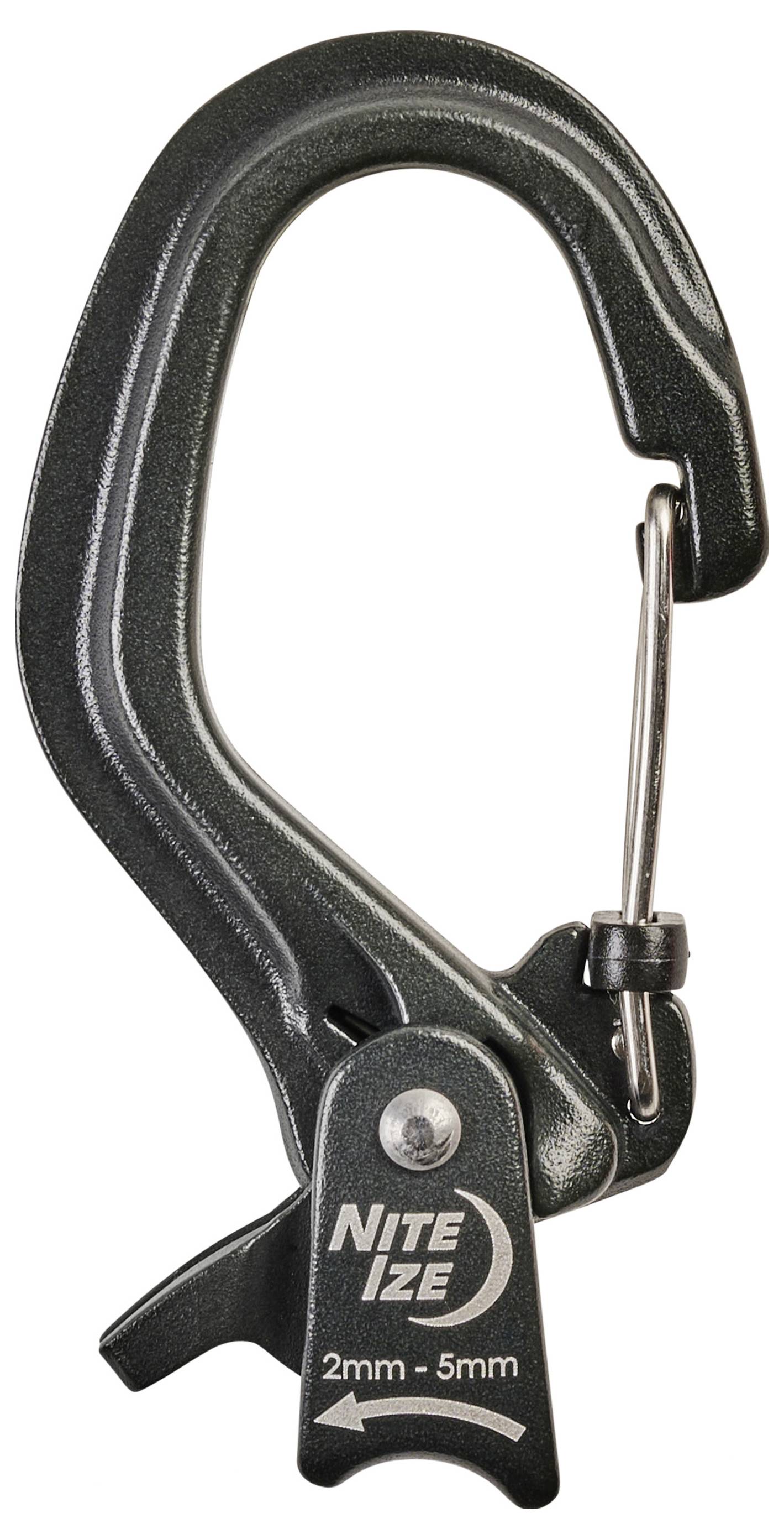 A metal keychain carabiner labeled 'Nite Ize', designed for cords 2mm to 5mm, features a clip for securing small items.