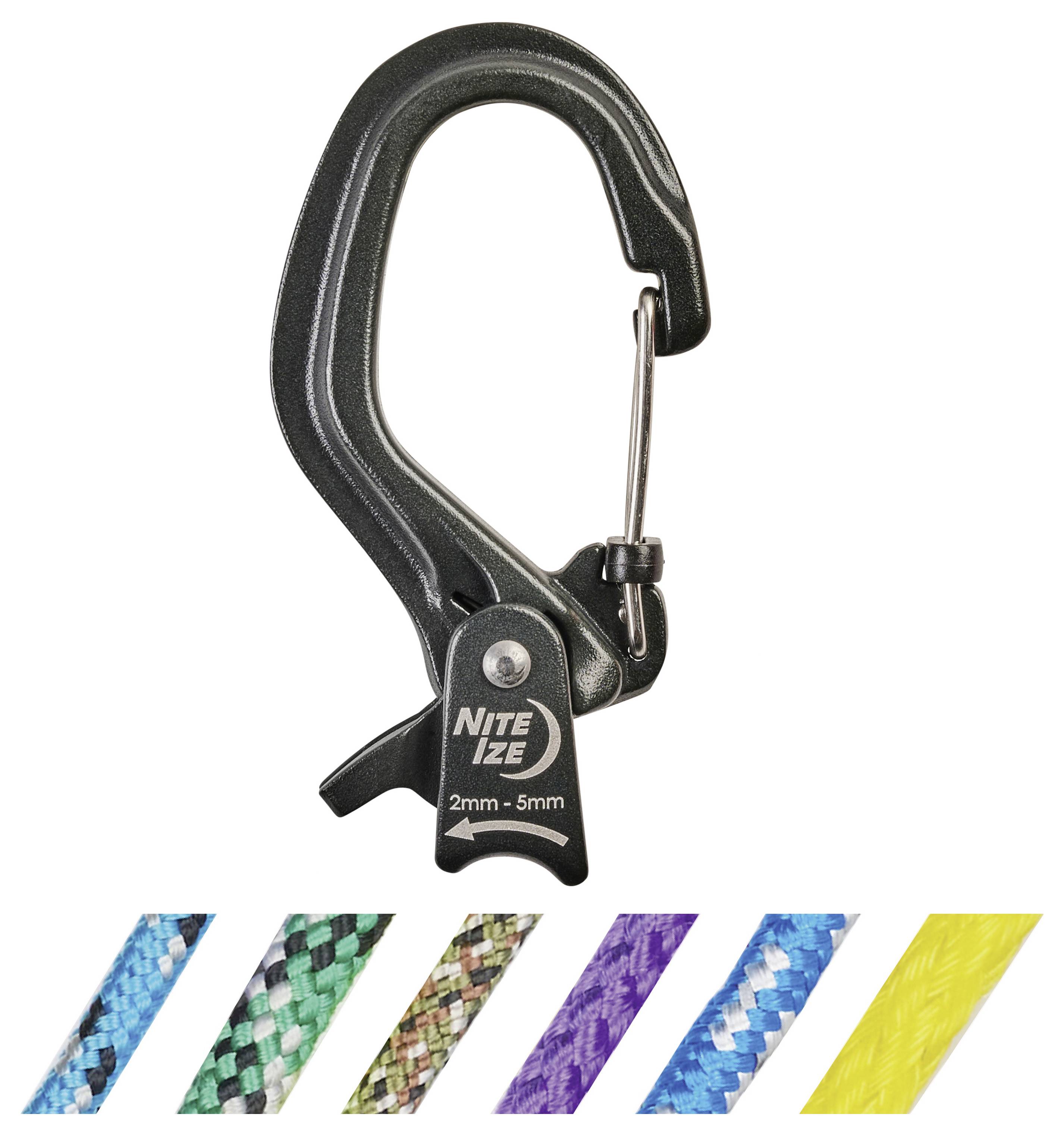 A black Nite Ize carabiner clip for 2mm-5mm ropes, displayed above samples of colored ropes in green, black, brown, purple, blue, and yellow.