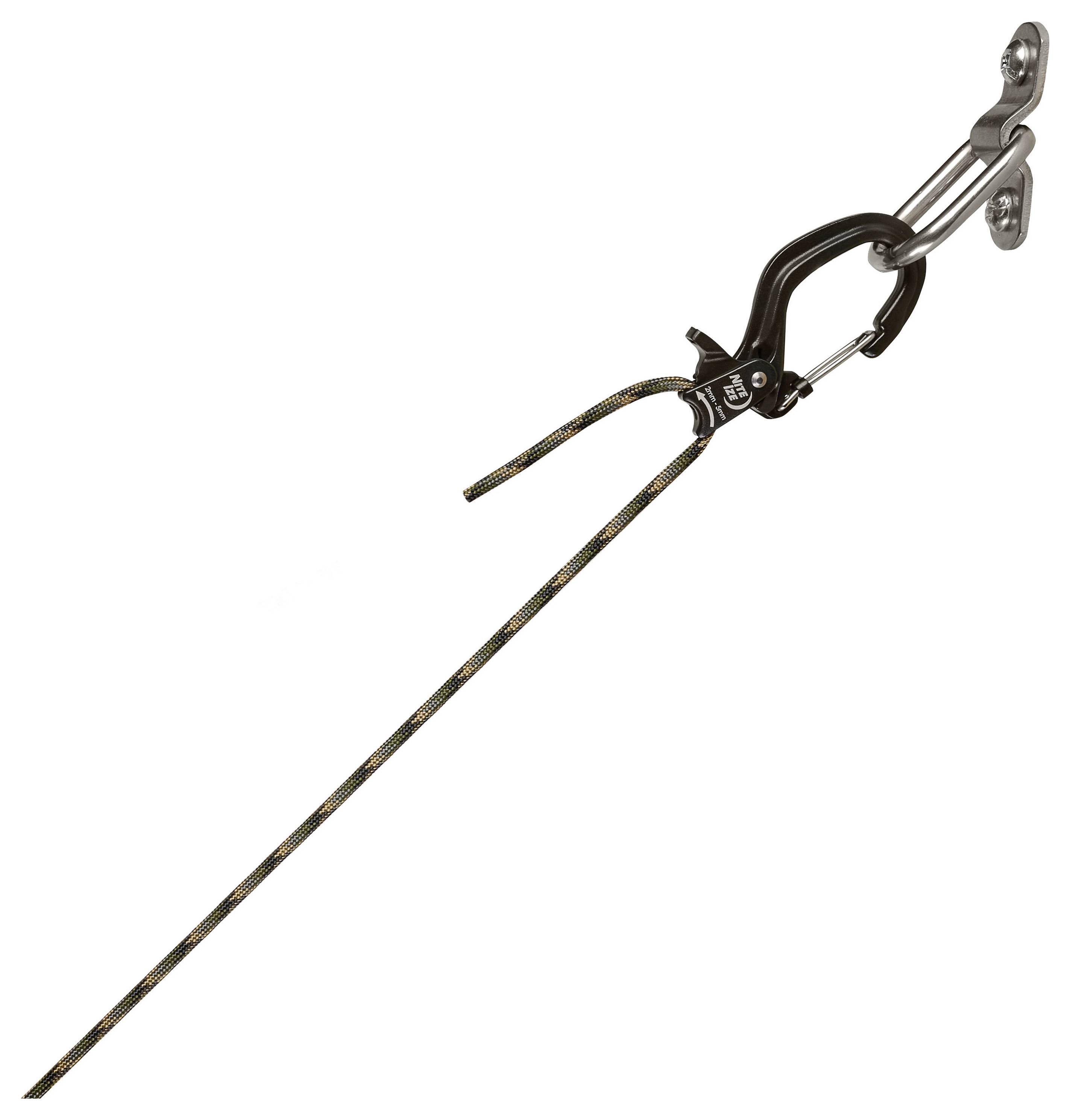 Rock climbing device with a black belay-descender attached to a rope and anchor, used for controlled descent and safety.
