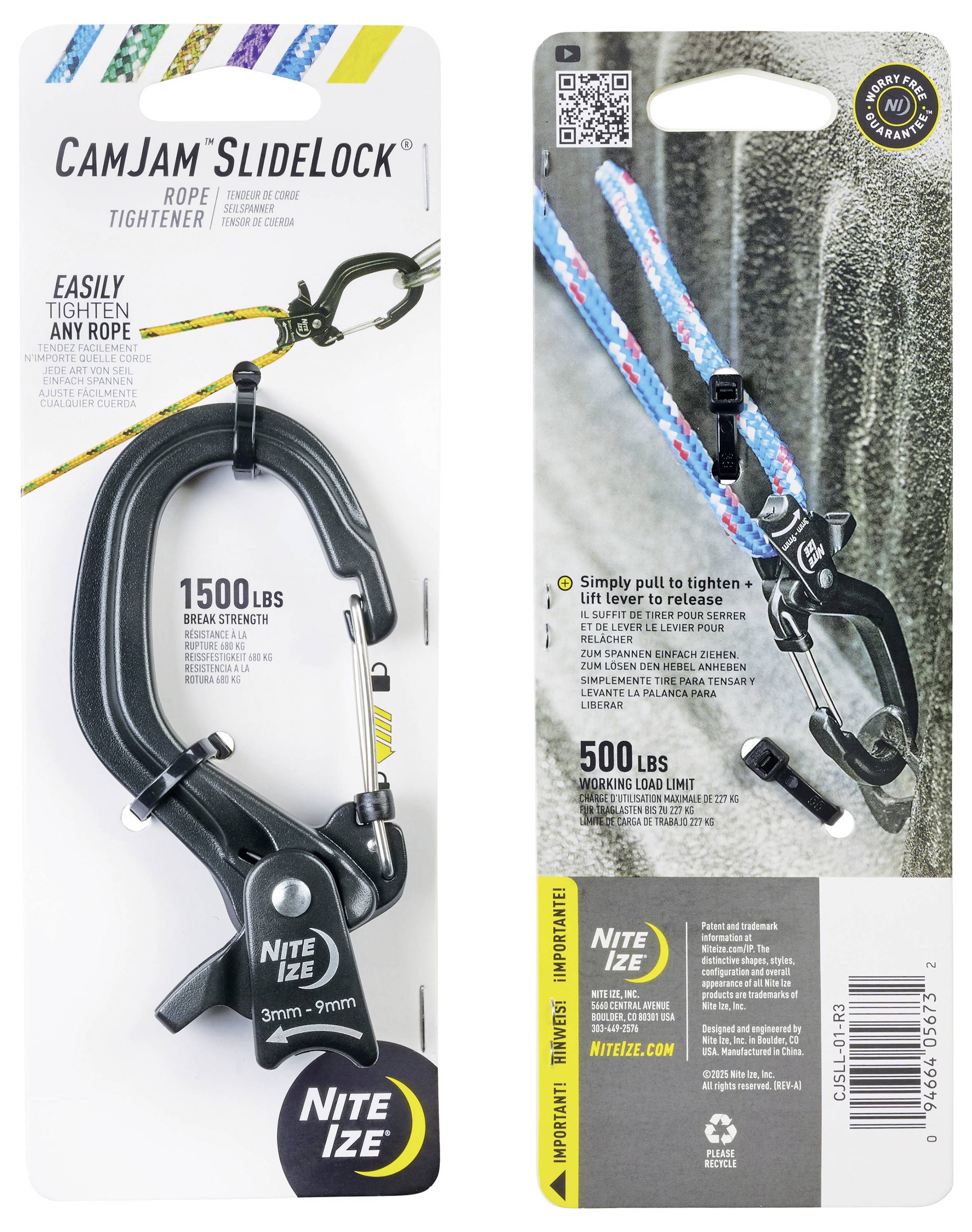 'CamJam SlideLock Rope Tightener' packaging shows a black locking mechanism. Front: 'Easily tighten any rope,' 1500 lbs break strength. Back: '500 lbs working load limit,' visuals depict usage with blue and red ropes.