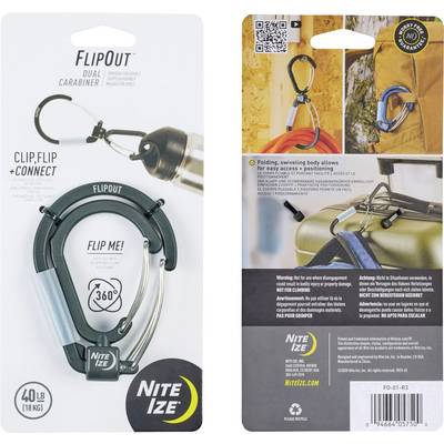 'FlipOut Dual Carabiner' packaging shows a carabiner with 'Clip, Flip + Connect' feature, 360-degree rotation, and 40 lb (18 kg) capacity.