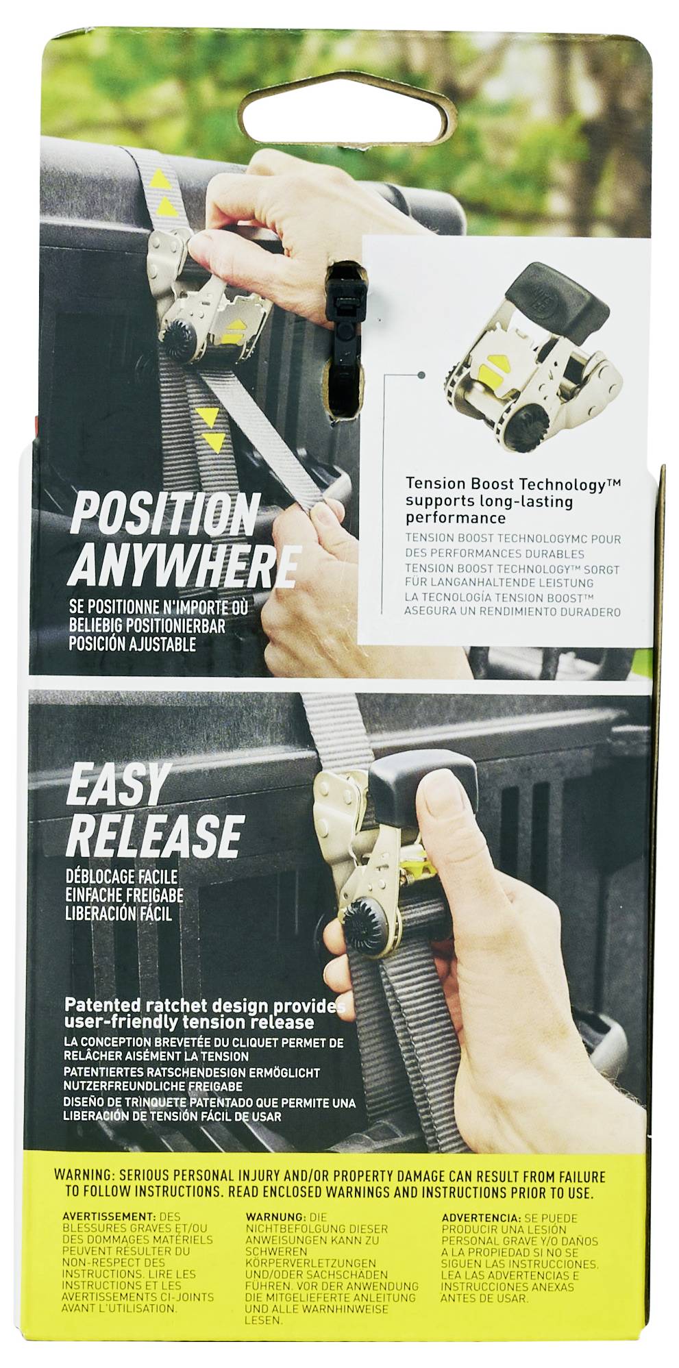 Packaging for a ratchet tie-down with images demonstrating 'Position Anywhere' and 'Easy Release'. Text highlights tension boost technology.