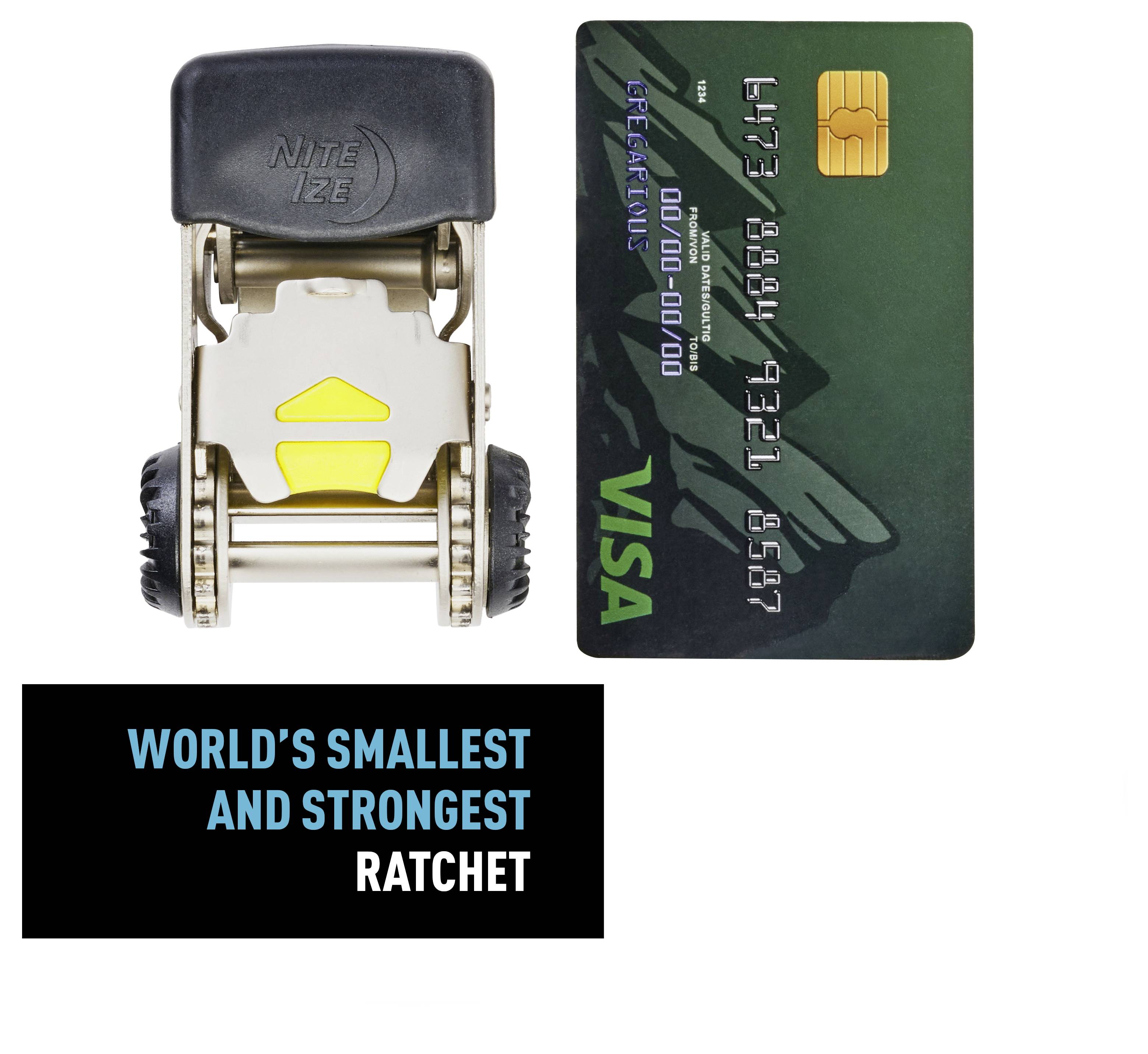 'Nite Ize' compact ratchet next to a credit card for scale. Text below reads: 'World's smallest and strongest ratchet'.