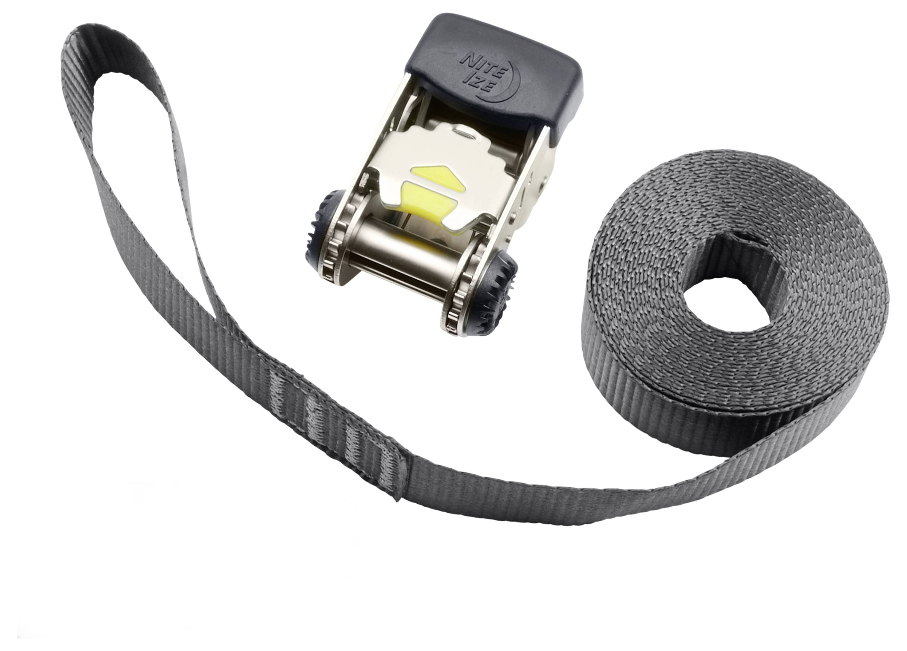 A coiled black tie-down strap with a metal ratchet and handle, used for securing cargo in transport.