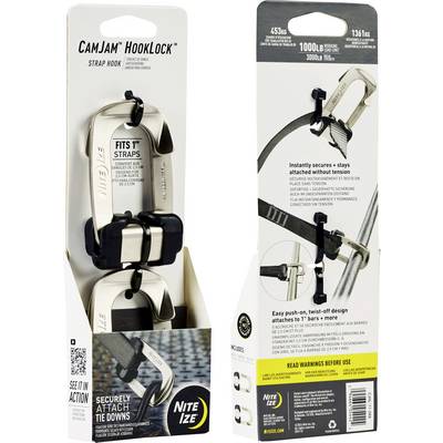 'CamJam HookLock' strap hook packaging; shows product securing straps. Rated 453kg, highlights easy push-on, twist-off design.