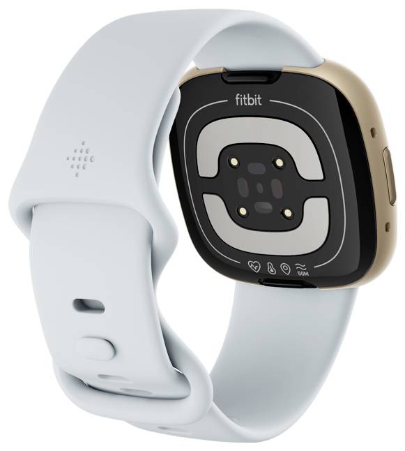 A smartwatch with a light blue band and gold-colored case, displaying sensors and branding on the back, set against a white background.