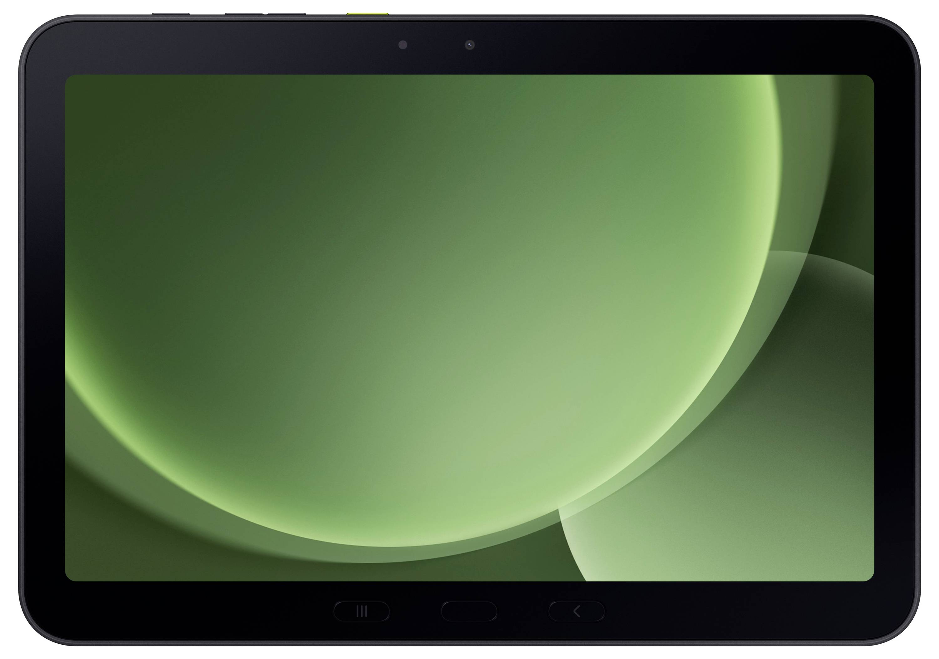 A tablet with a dark casing displays an abstract green circular design on the screen.