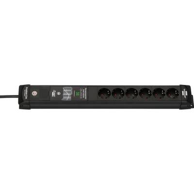 Black power strip with eight round outlet sockets and a cord, shown on a white background.
