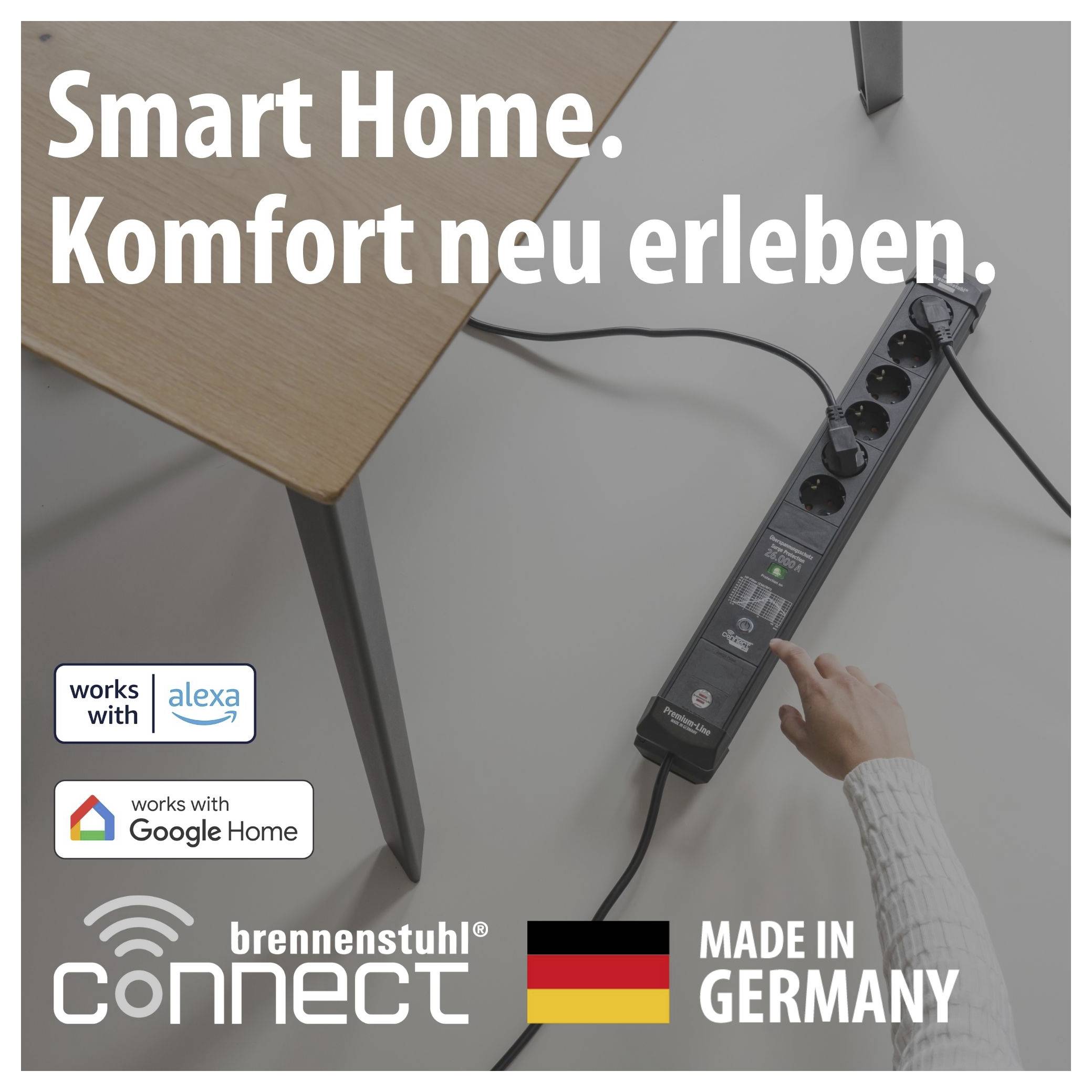 Advertisement for smart power strip: Hand operating a multiple socket outlet on the floor, with text 'Smart Home. Experience comfort anew.' and logos for Alexa, Google Home, Brennenstuhl Connect, Made in Germany.
