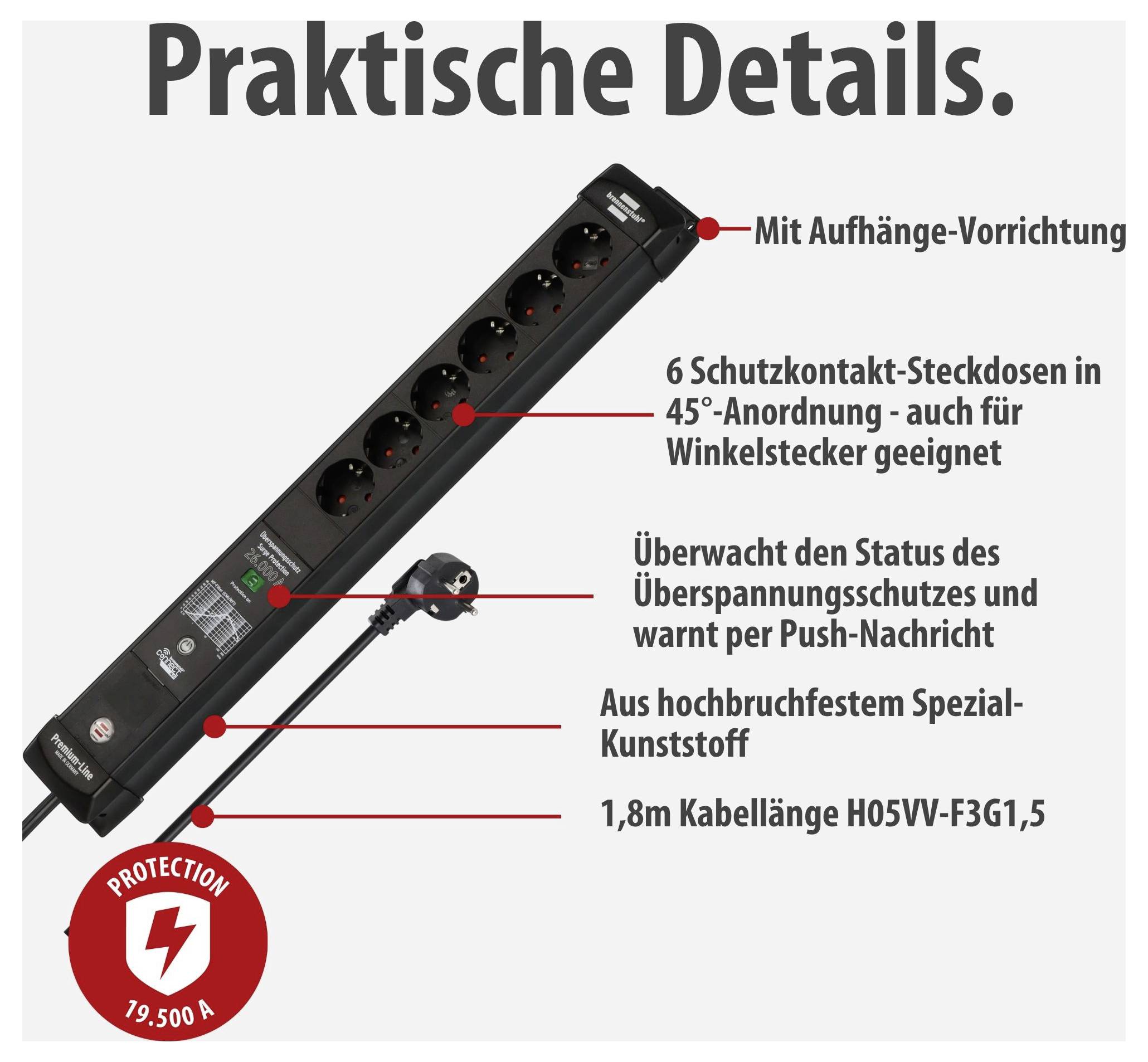 Illustration of a surge-protected power strip: 6 earthed socket outlets arranged at 45°, hanging fixture, push-button message status indicator, 1.8 m cable.