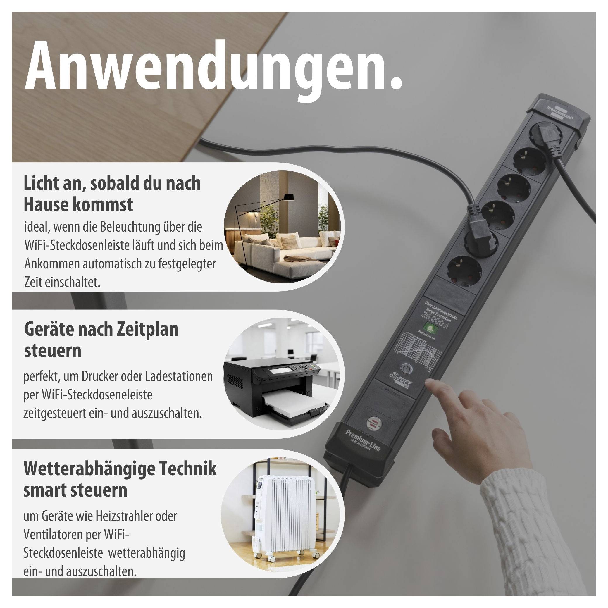 Infographic 'Applications' of a WiFi power strip: Control lights upon arrival home, operate devices on schedule and automatically manage weather-dependent technology.