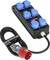 Portable power distribution box with six blue socket outlets and attached red industrial plug and cable.<br>