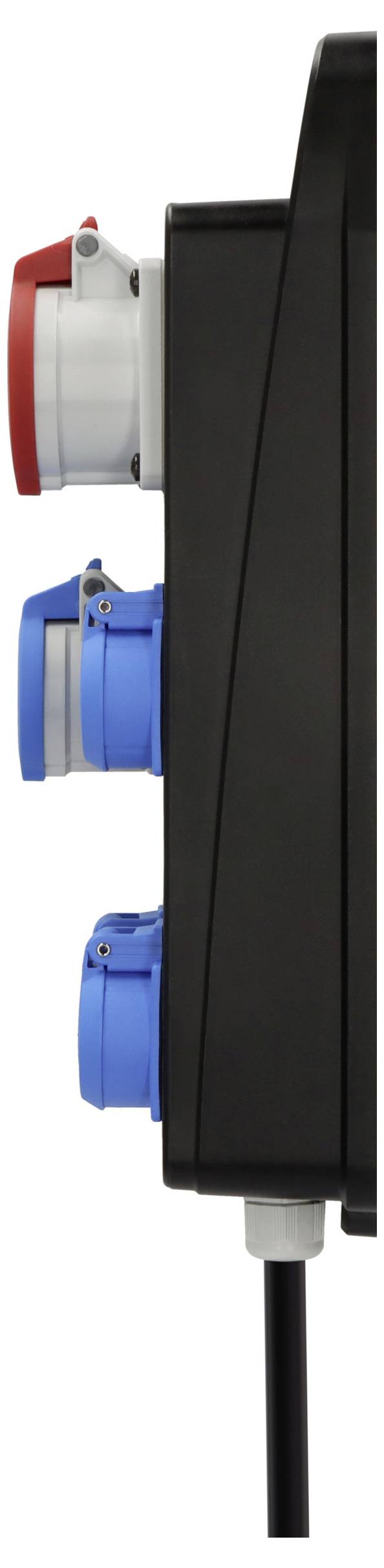 A side view of a black electrical panel featuring two blue sockets and one red socket for connecting electrical equipment.