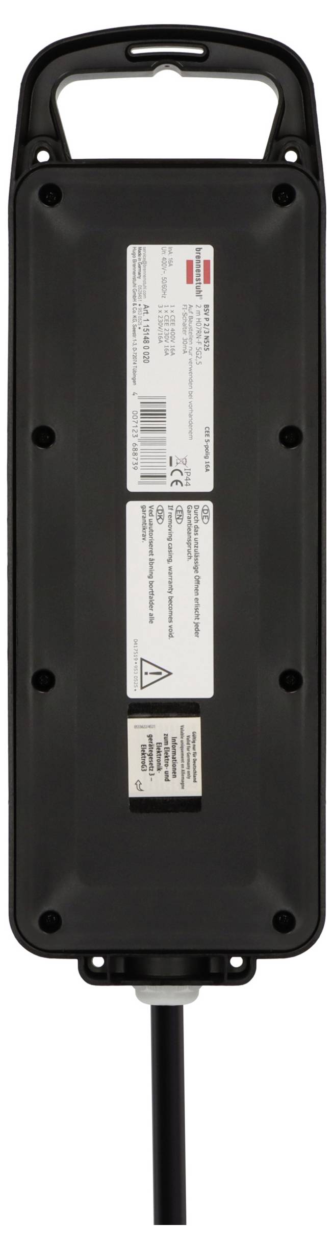 A black electrical device with a rectangular shape, featuring a handle at the top and a cord at the bottom. White label with specifications.