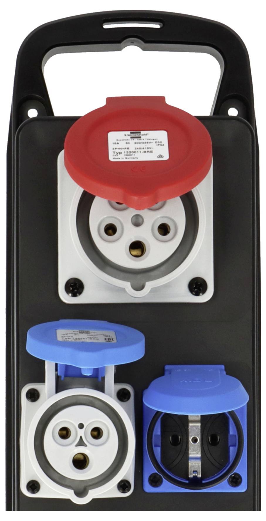 'A panel with three industrial power sockets: a large red socket on top, and two smaller sockets below, one blue and one black.'