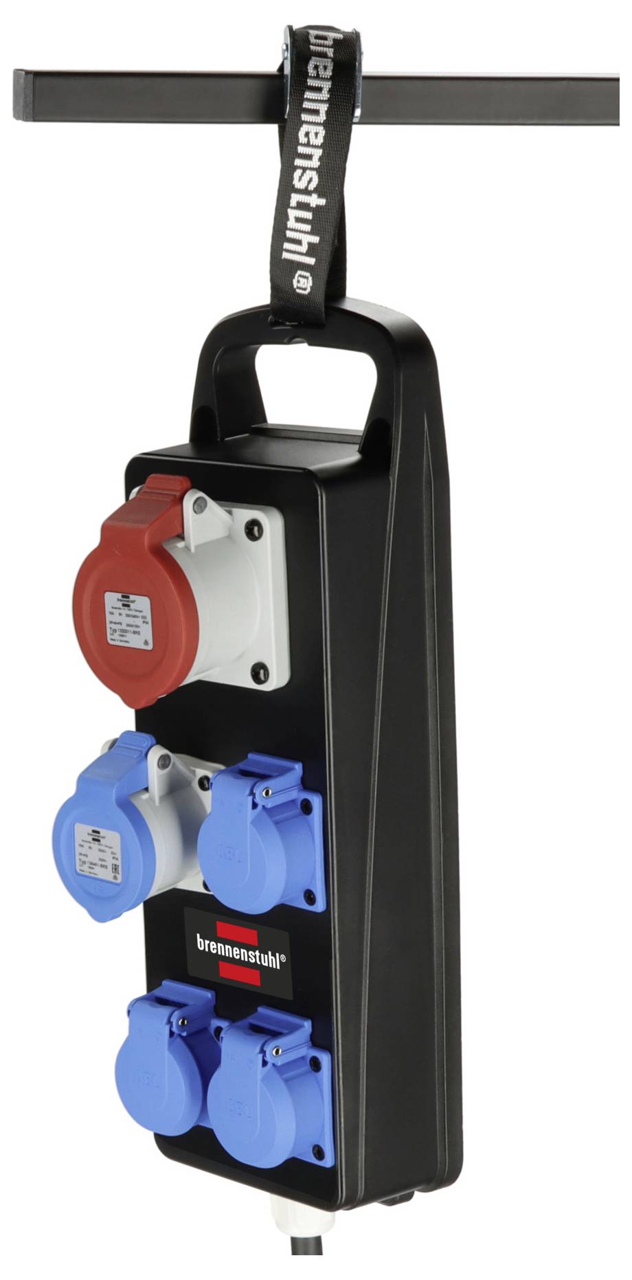 'Brennenstuhl' branded power strip with three blue and one red socket, hanging by a strap.