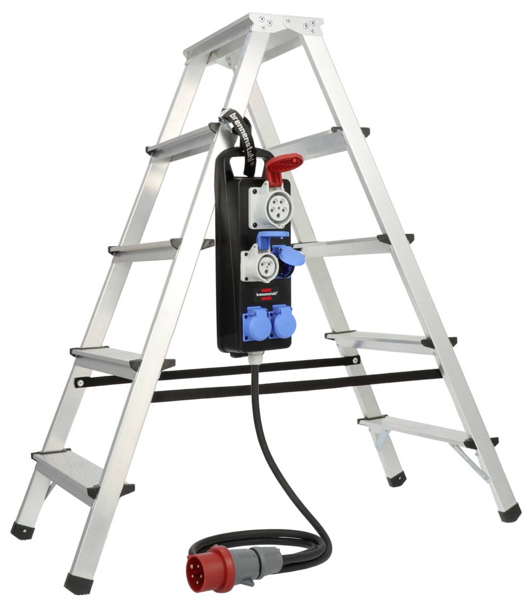 'A-frame ladder with attached power strip featuring multiple sockets and a long cord with an industrial plug.'