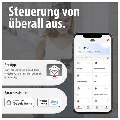 Advertising graphic for smart home control via app and voice assistant; smartphone displays heating, smoke detector and device control, text: 'Control from anywhere.'