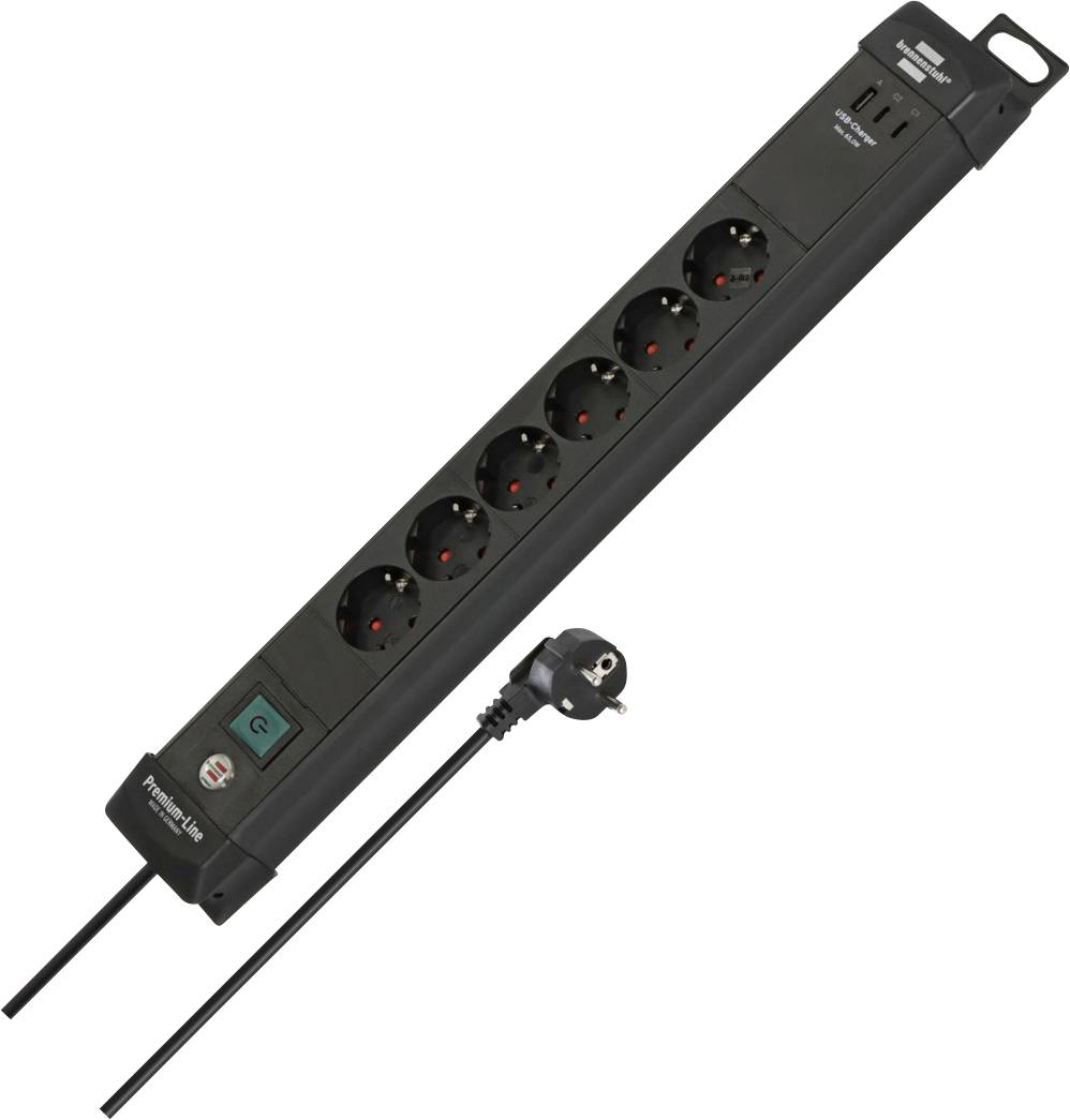 Six-outlet power strip with USB ports, black color, includes a power switch and surge protection.