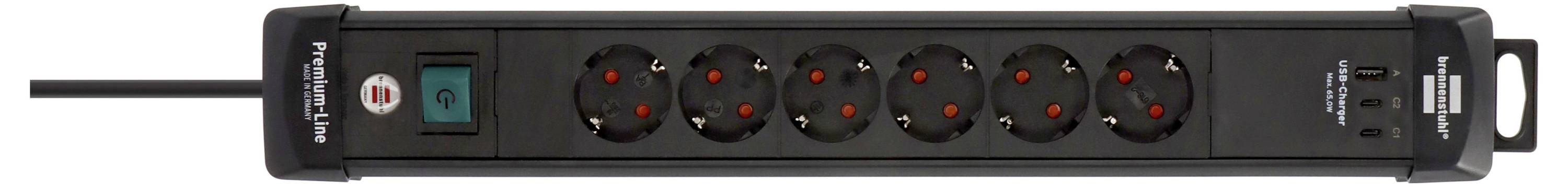 'Power strip with surge protection' featuring six outlets, a power switch, and USB ports on a black rectangular base.