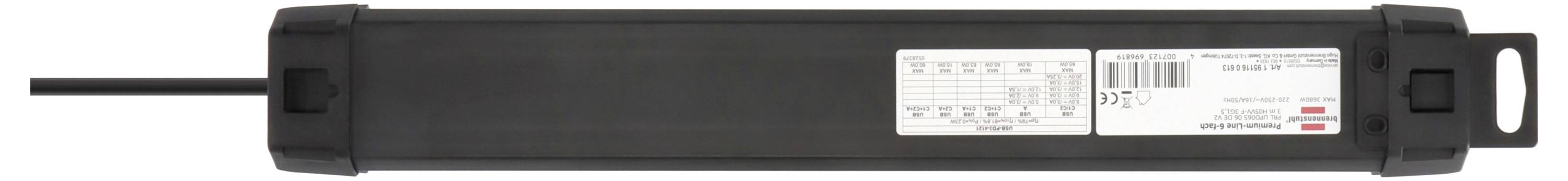 A black, rectangular electronic device with a cable on the left and a label containing technical specifications on the right side.