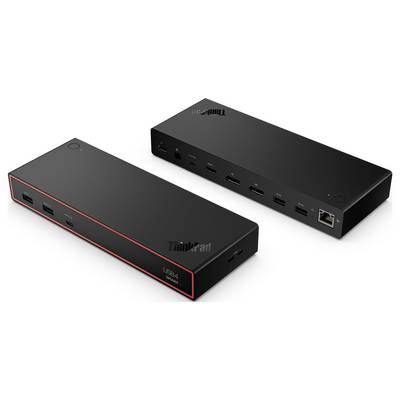 'Two black Lenovo ThinkPad docking stations with various USB and Ethernet ports, one highlighted with a red line, arranged diagonally.'