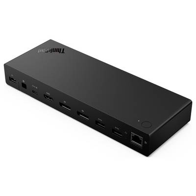A black Lenovo ThinkPad docking station with multiple ports including USB, HDMI, and Ethernet, designed for connecting various devices.