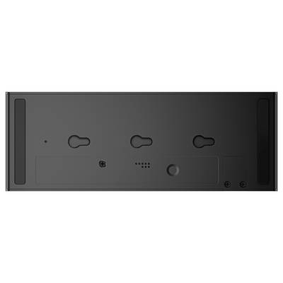 Black rectangular panel with three keyhole slots aligned horizontally and labeled button below them; minimalistic design.