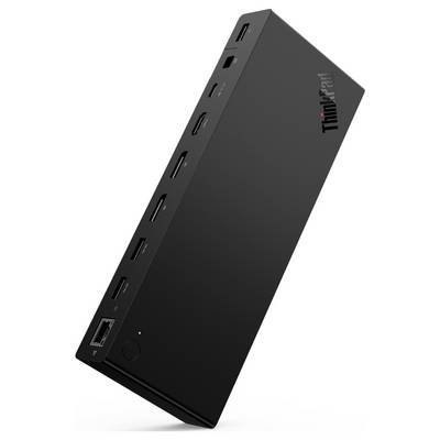 A slim, black Lenovo docking station with multiple ports, including USB, HDMI, and Ethernet.