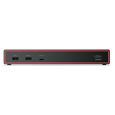 A black USB hub with a red trim, labeled 'USB4 SMART,' featuring three ports on the front panel.