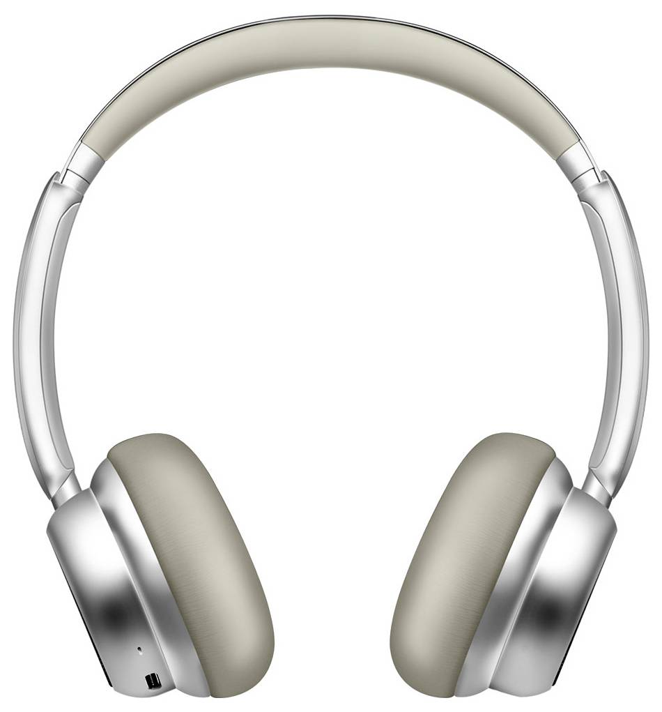 Silver and beige over-ear headphones with cushioned ear pads, designed for comfortable listening experience.