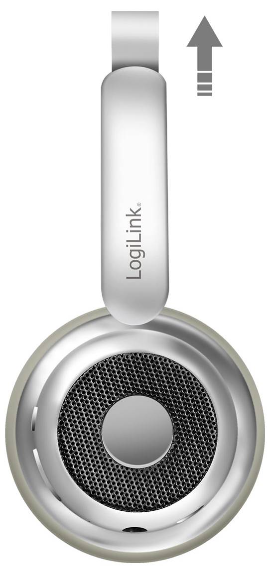 A headphone earpiece with the brand 'LogiLink' and an arrow pointing up, indicating the adjustment or movement direction.