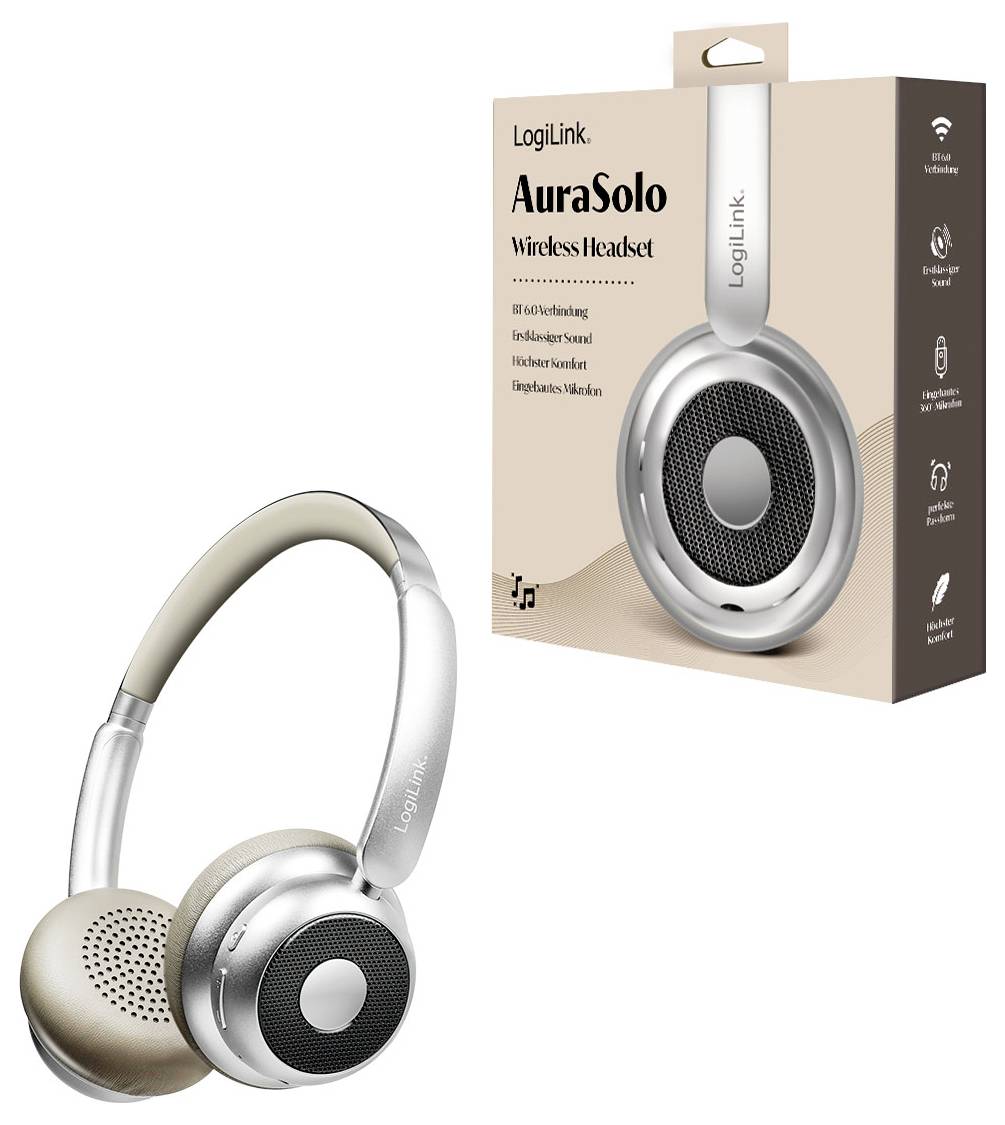 Wireless headset 'AuraSolo' by LogiLink with beige and silver design, shown alongside packaging highlighting features like Bluetooth and noise reduction.